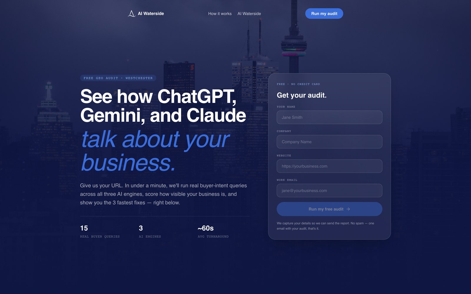 The GEO Audit landing page: see how ChatGPT, Gemini and Claude talk about your business