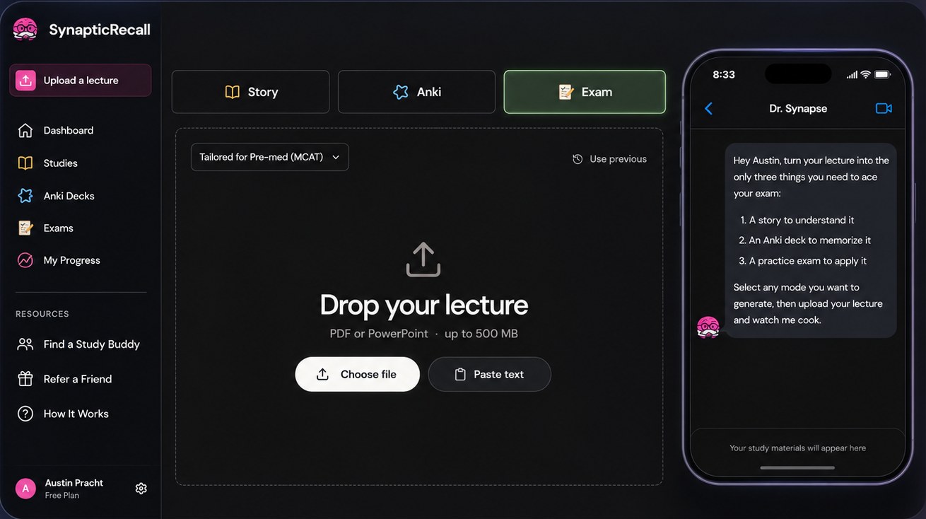 The Synaptic Recall app: Dr. Synapse chat and lecture upload