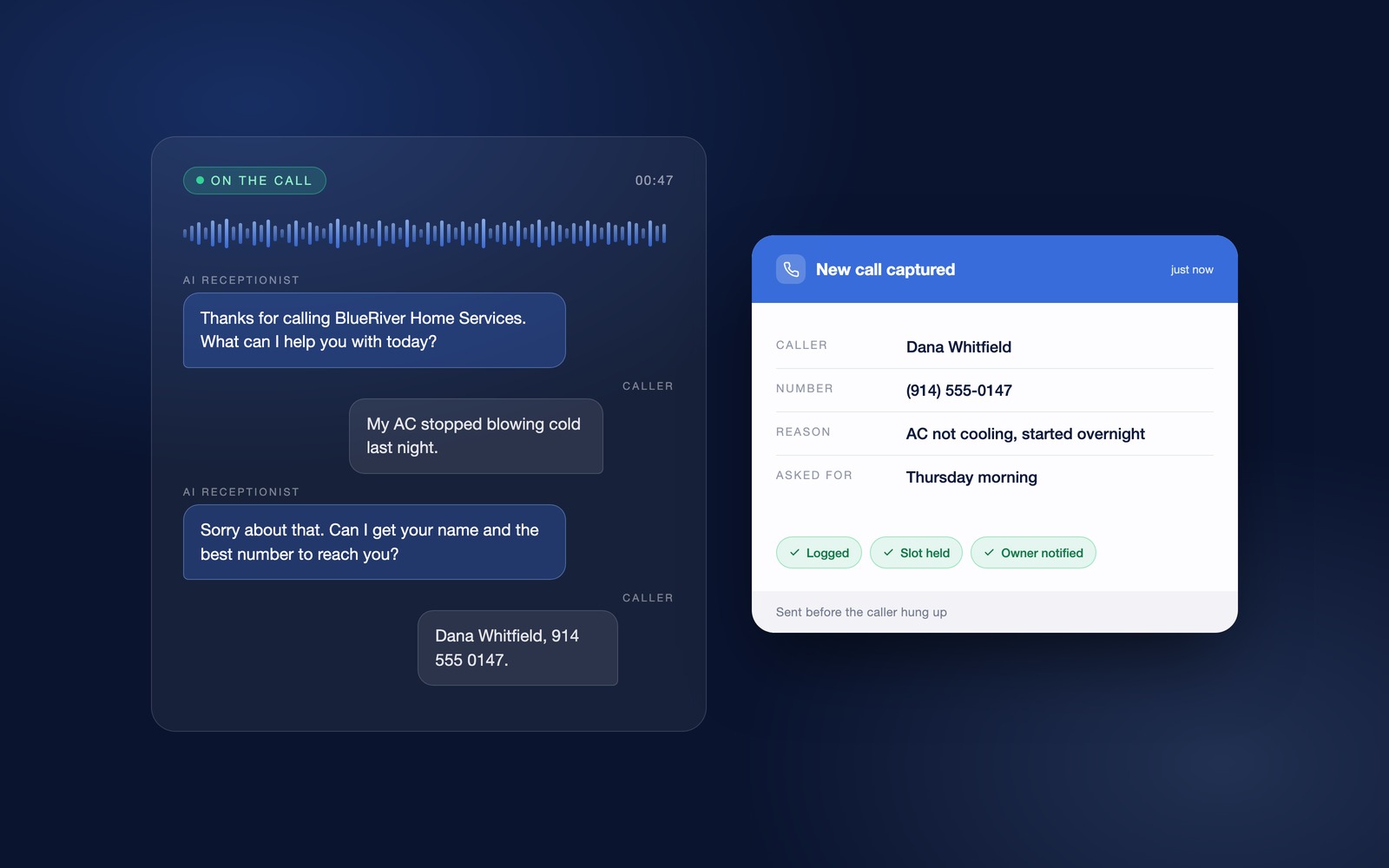 A live AI receptionist call on the left, and the call recap that reaches the owner on the right: caller, number, reason, requested time, logged, slot held, owner notified
